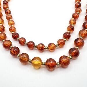 Necklace Faux Amber Brown Translucent Beads Double Strand Retro MCM Earthy Vtg